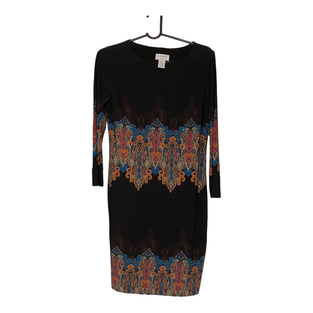 Carmen Carmen Marc Valvo Crew Neck 3/4 Sleeve Sheath Dress W Size M Black/Multi